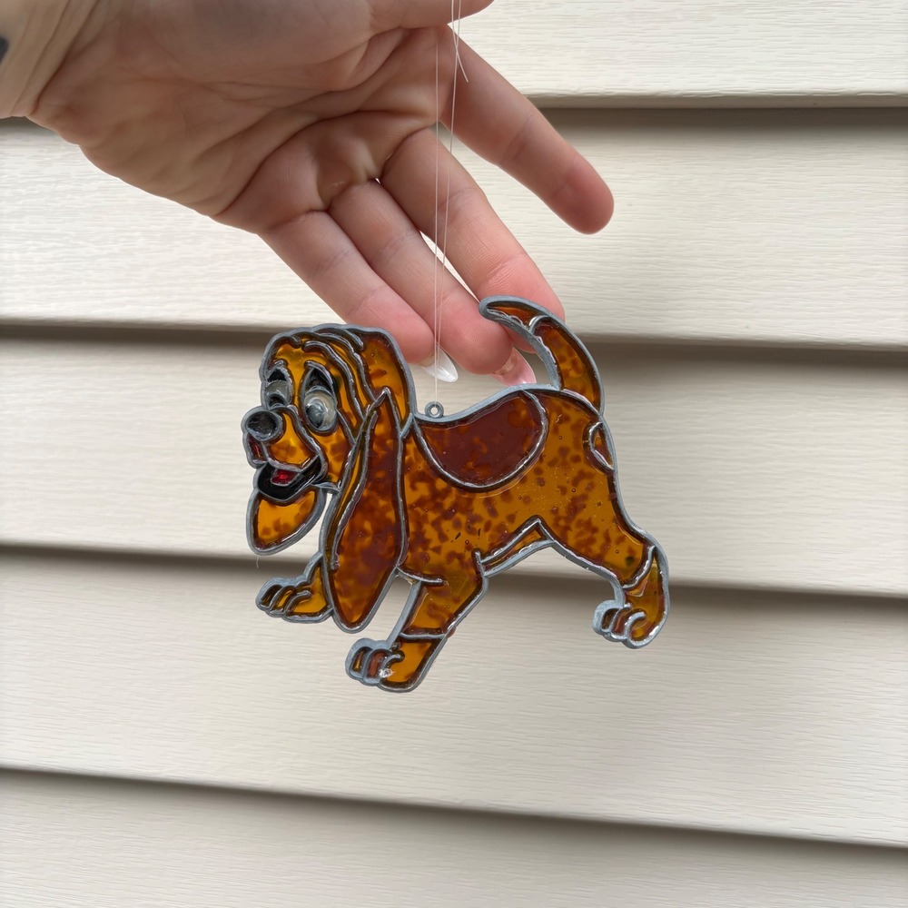 Vintage Stained Glass Hound Dog Suncatcher Copper Fox and the Hound Brown Amber